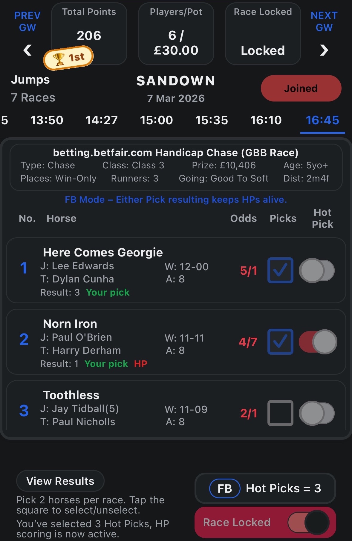 FriendlyBet race day picks screen