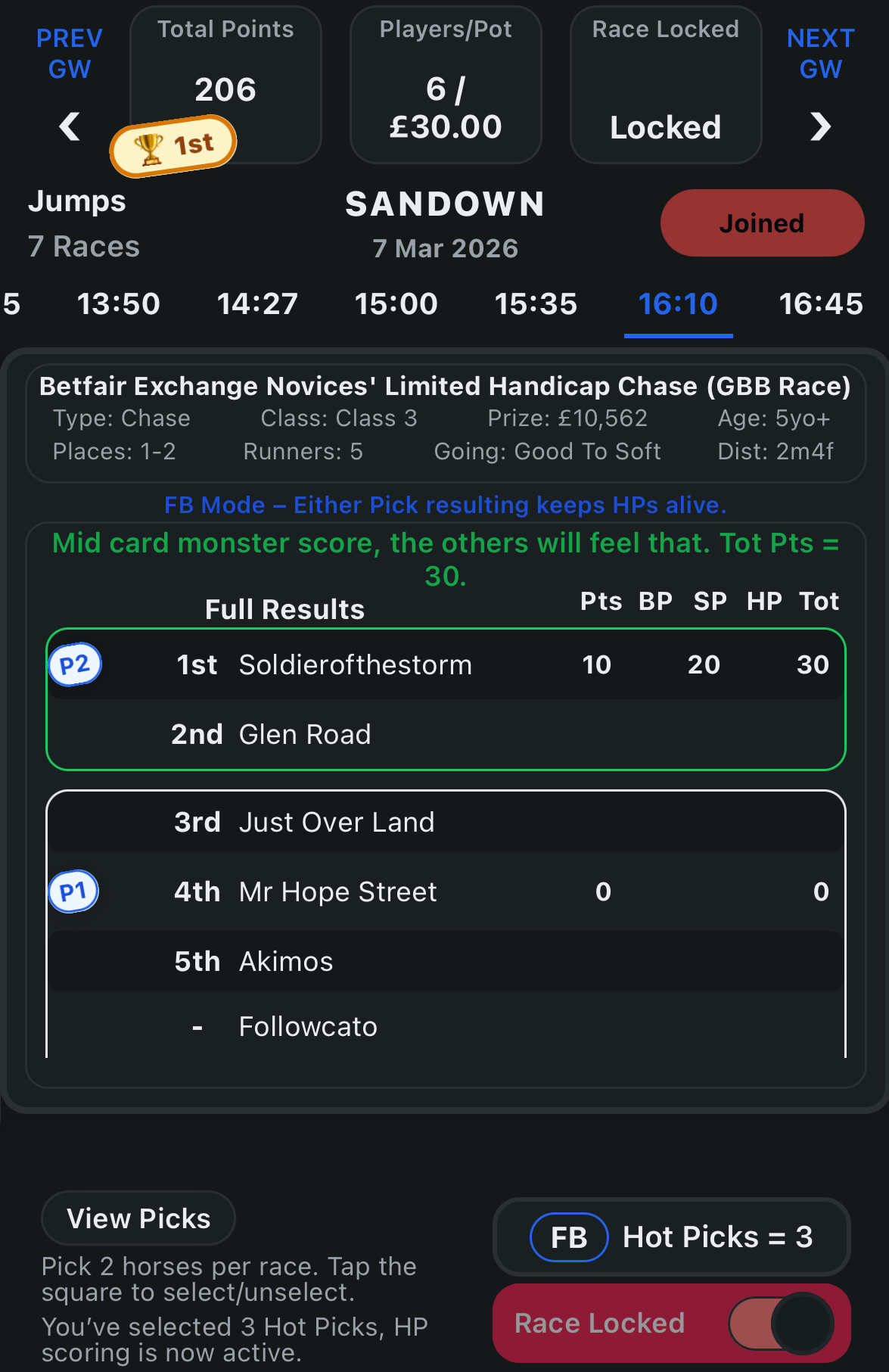 FriendlyBet live results screen